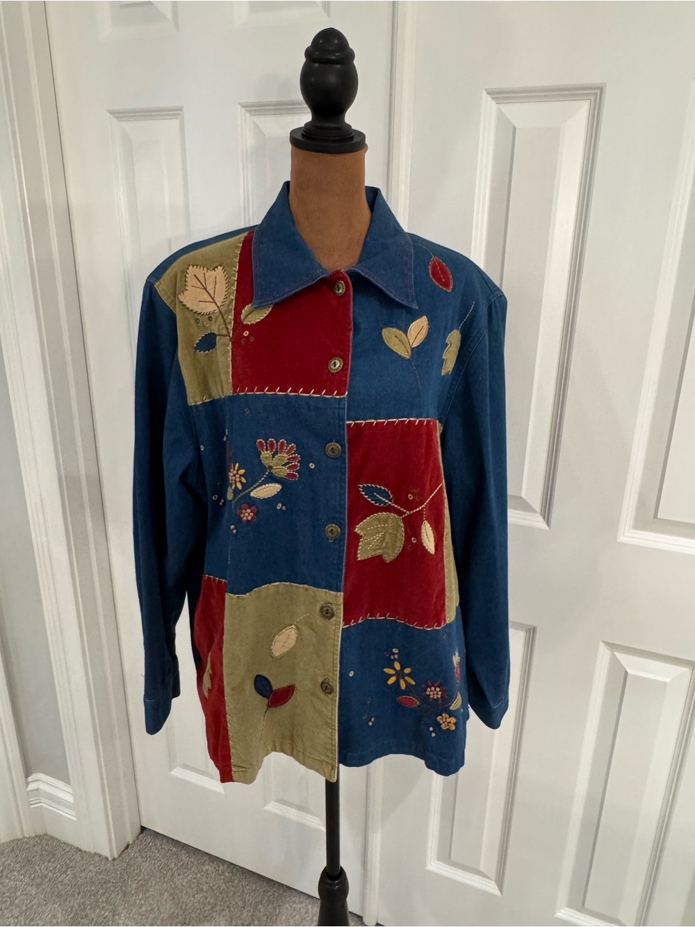 Alfred Dunner Patchwork Embroidered Jean Jacket - Blue/Red/Olive
